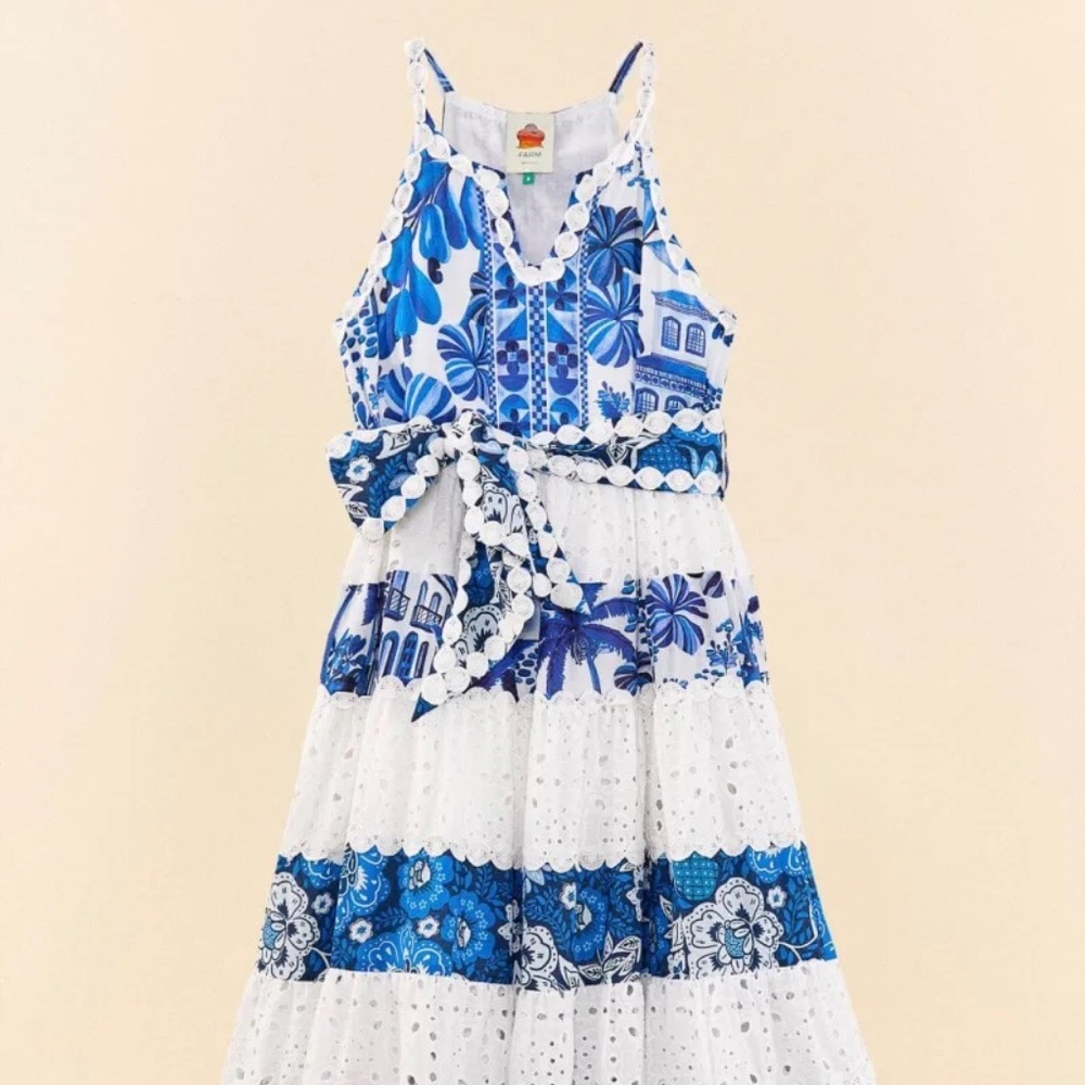 FARM RIO MIXED WHITE + BLUE PRINTS MAXI DRESS